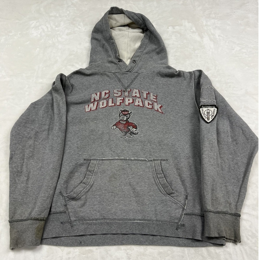 Pressbox Hoodie NC State Wolfpack Mens L Gray Distressed Waffle Hood Graphic